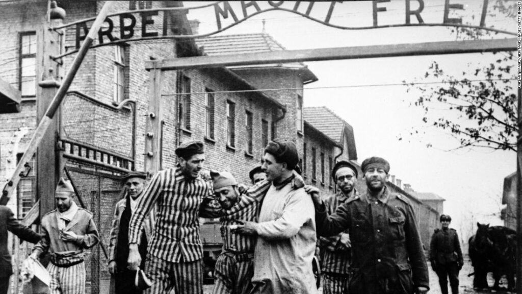 Jewish prisoners released from Auschwitz concentration camp and the holocaust at the end of world war 2.