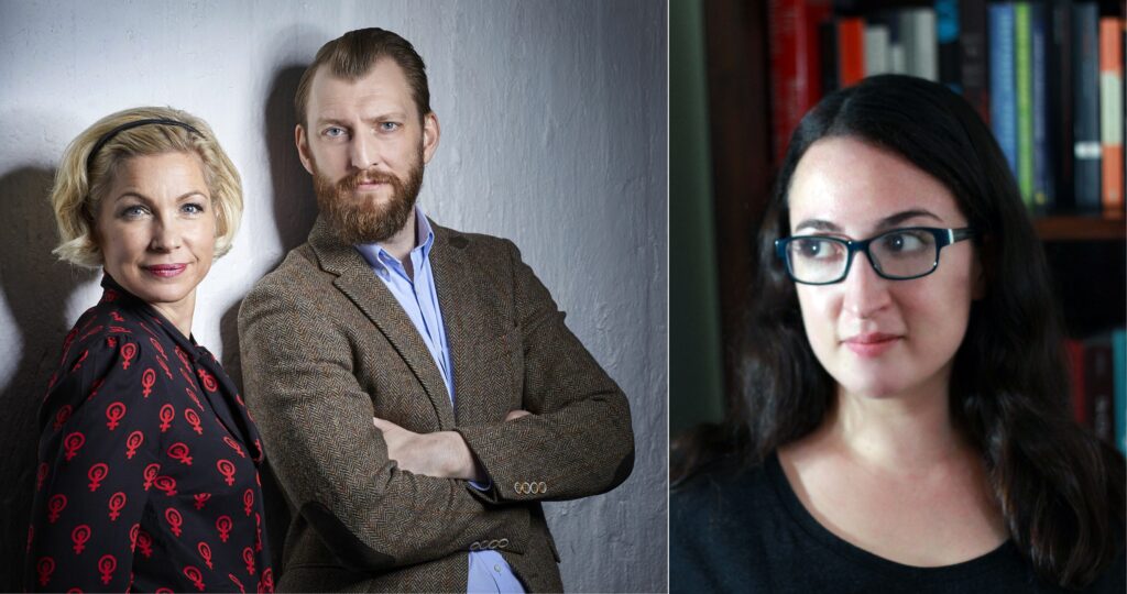 Författarna Anna-Karin Wyndhamn, Ivar Arpi som har skrivit Genusdoktrinen och Kate Manne som har skrivit Duktig Flicka. Båda böckerna är utgivna av Fri Tanke.