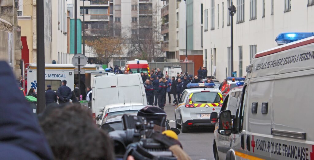 Chaotic scenes after the islamic terrorist attack at Charlie Hebdo's offices in Paris 2015.