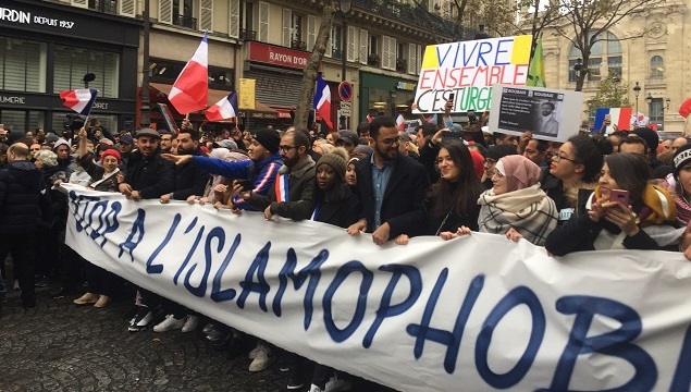 A protest march in Paris 2019 against Islamophobia and hate against Muslims.