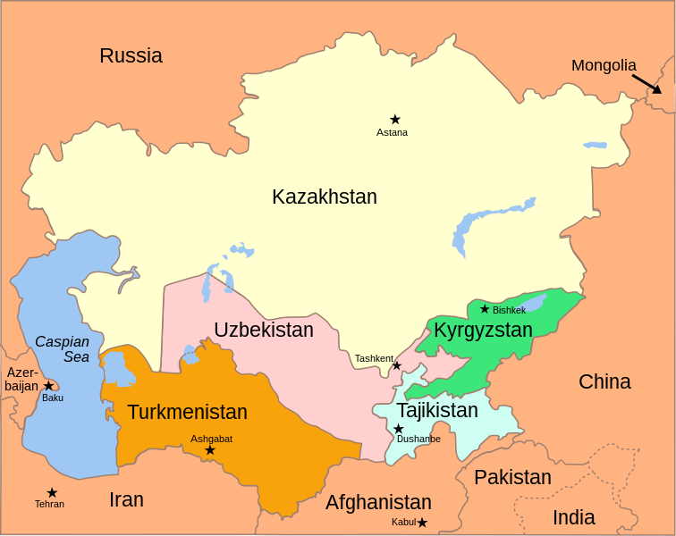 Central Asia includes Kazakhstan, Uzbekistan, Turkmenistan, Kyrgyzstan, and Tajikistan. Some also choose to include Afghanistan.