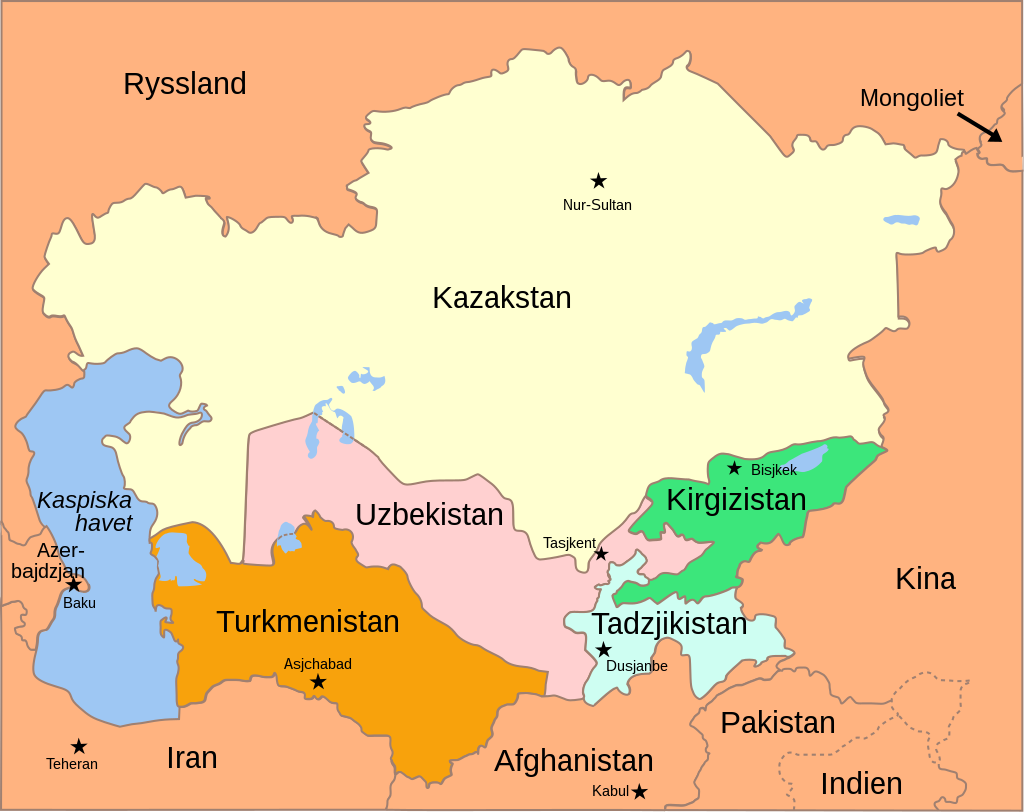 Centralasien definieras här som Kazakstan, Uzbekistan, Turkmenistan, Kirgizistan och Tadzjikistan. Vissa väljer dock att också inkludera Afghanistan som kulturellt och historiskt varit en central del av regionen.